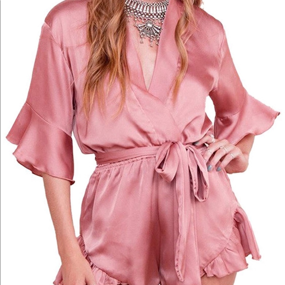 LAST ONE! Pink Coral Ruffle Tie Waist Satin Romper - Picture 3 of 7